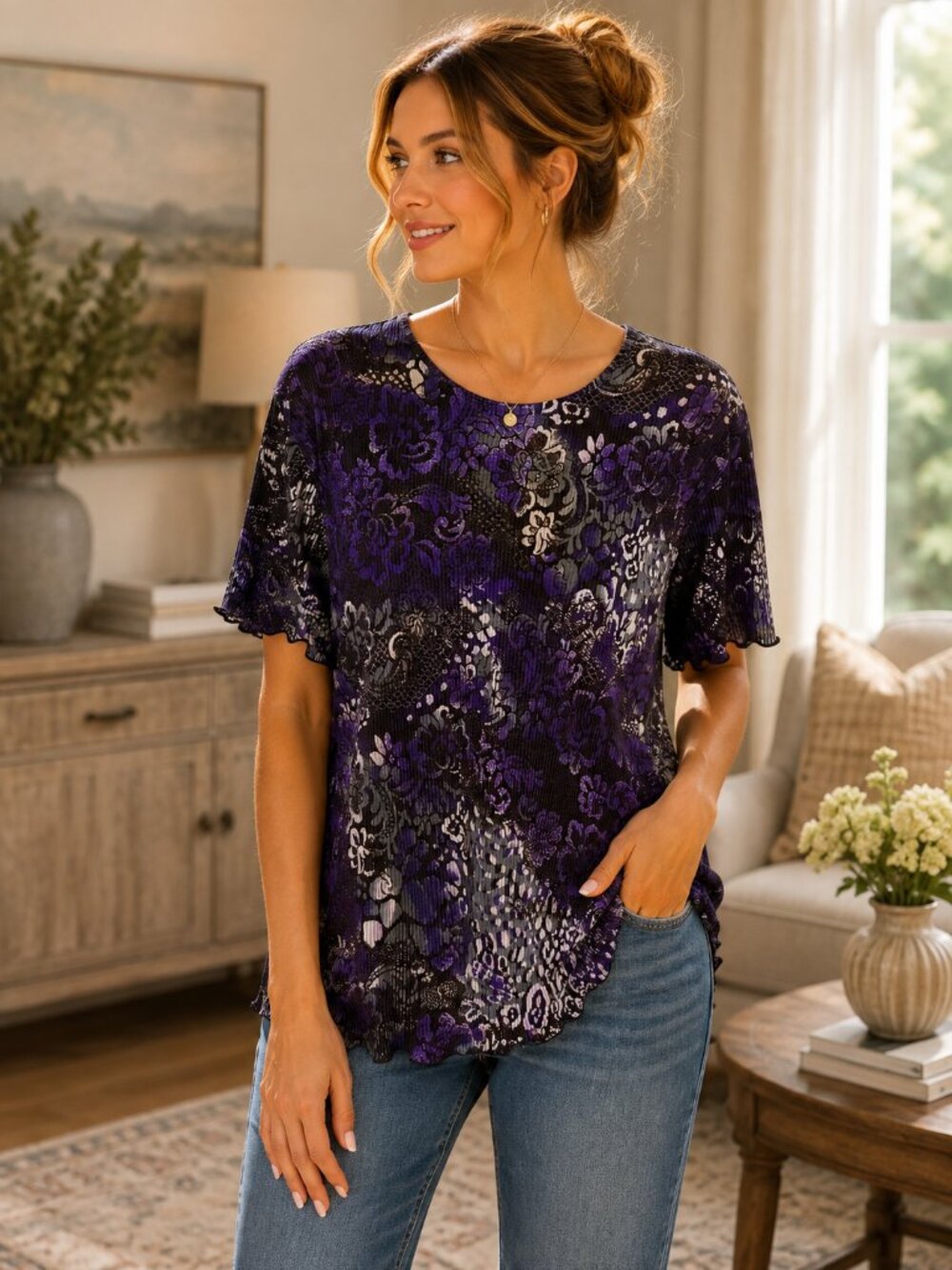 BlouseWorks Venture III Purple Floral Textured Blouse XL